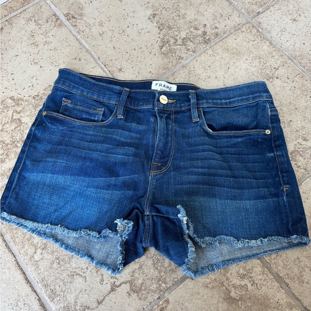 Frame Denim Blue Jean Shorts with Distressed Hem